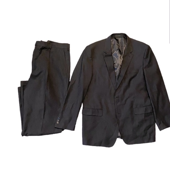 Andrew Fezza black suit w baby blue pin stripes. Jacket size 48L and pants 43L - Picture 1 of 11